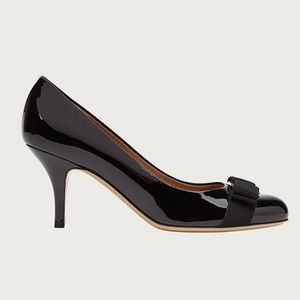 FERRAGAMO Carla 70 Vara Bow Pump Shoe in Black Patent Leather